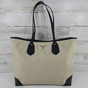 MICHAEL KORS EVA LARGE NYLON BEIGE BLACK TRIM TOTE BAG BUTTON CLOSURE 14in x12in